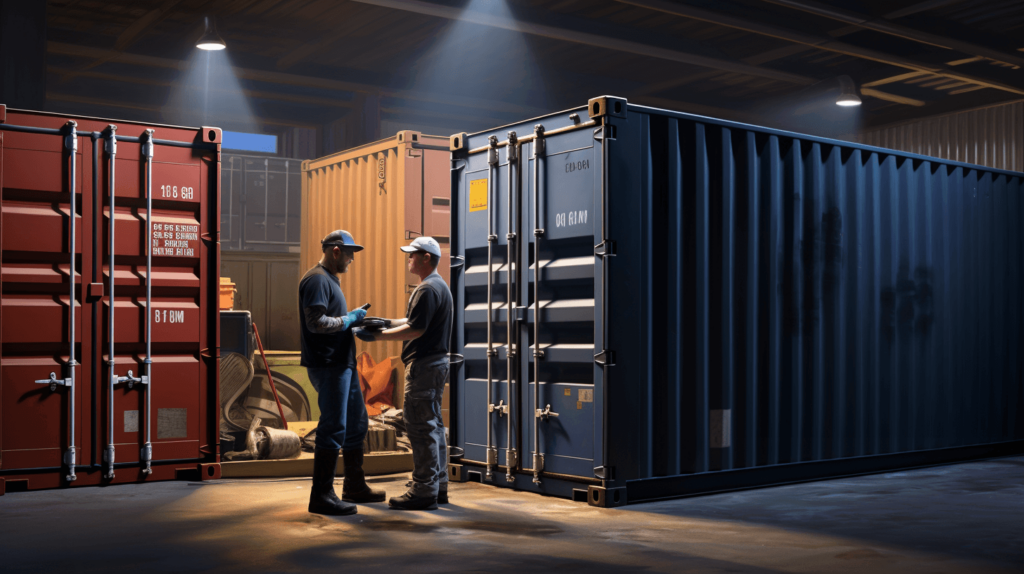 men in front of shipping container