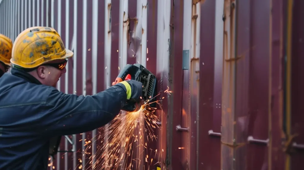 Person cutting an opening in a shipping container to install a window