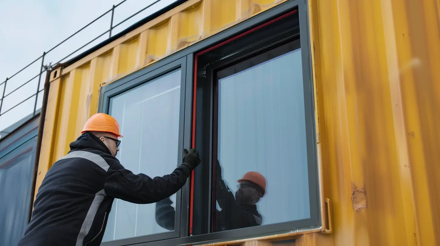 Person installing a window in a shipping container