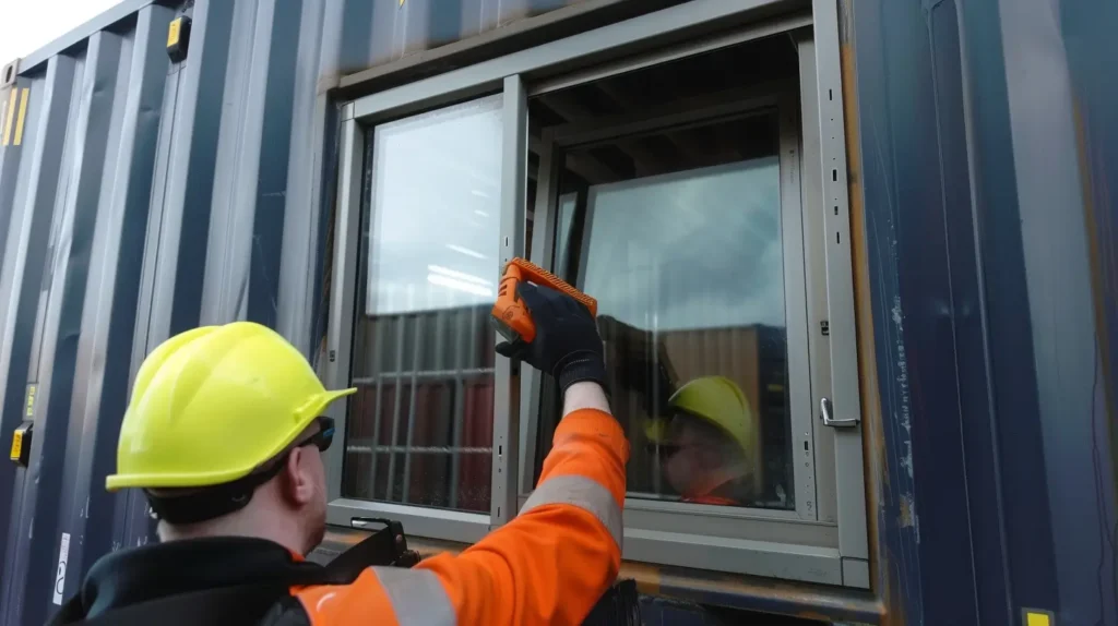 Person installing a window in a shipping container