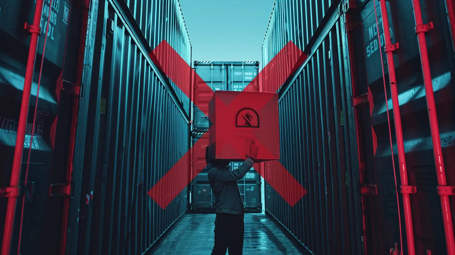 Person loading a shipping container with red x over the image