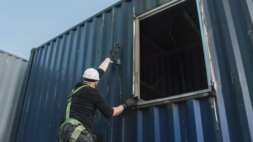 Person installing a window frame in a shipping container