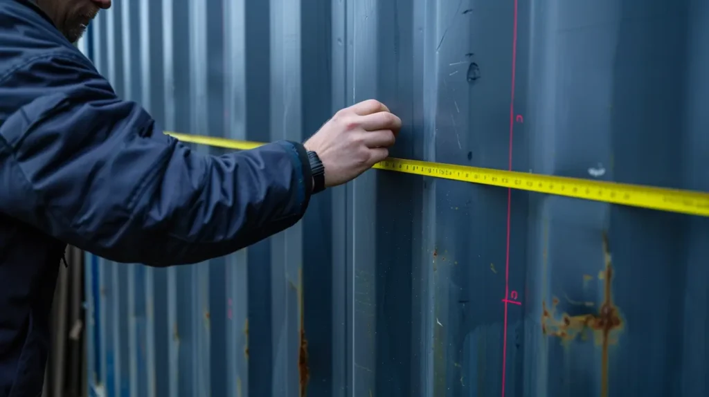 Person measuring and marking a shipping container for window installation