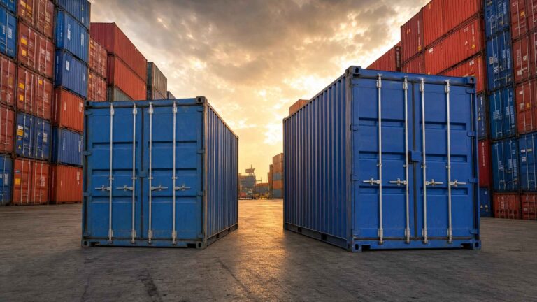 Standard height shipping container next to a high cube shipping container